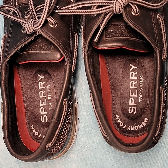 ❤Men's Sperry Top Siders, Black Leather w/ Tri-Color Soles & Memory Foam Insoles - Picture 10 of 13